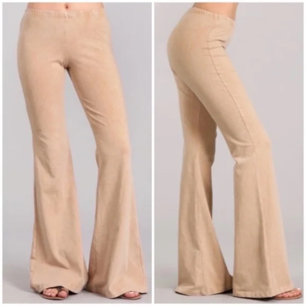 Beige Boho Mineral Wash Stretch Flared Bell Bottom Casual Pants